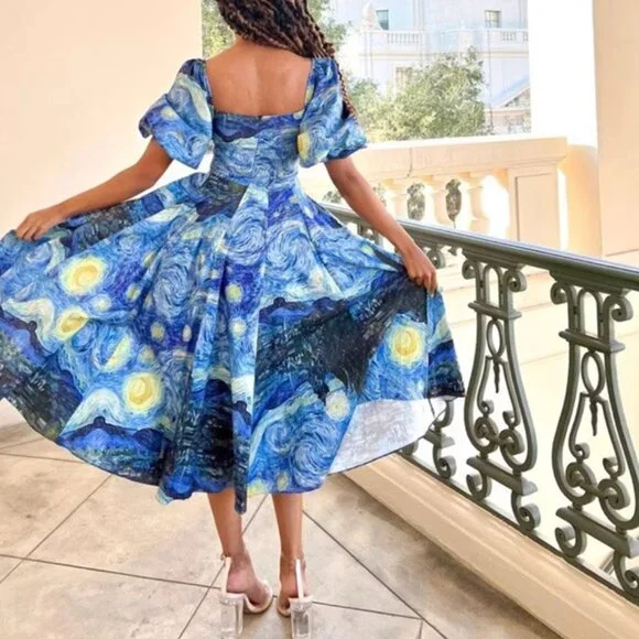 BEST Selkie The Starry Night Day Midi Dress Navy Van Gogh Masterpiece Medium - Picture 5 of 14